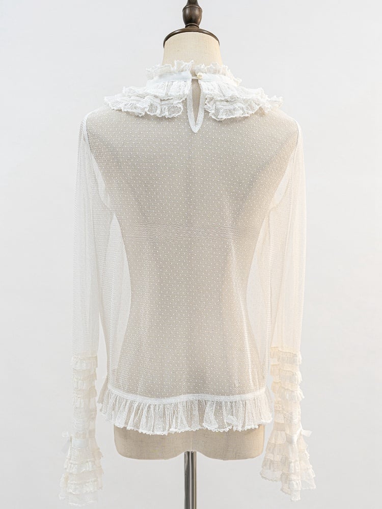 White Ruffle Neckline Sheer Long Sleeves Blouse | CoyBunny