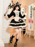 Black Long-Sleeve Plush Collar and Cuffs Sweet Lolita OP Full Set | CoyBunny