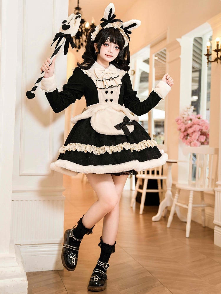 Black Long-Sleeve Plush Collar and Cuffs Sweet Lolita OP Full Set | CoyBunny