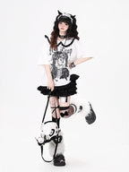 Anime Girl Print White Peter Pan Collar Short Sleeve T-Shirt with Ruffle Hem - CRAZY GIRL | CoyBunny