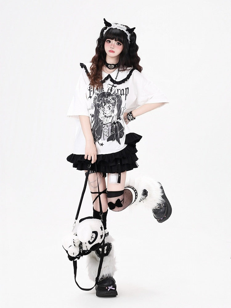 Anime Girl Print White Peter Pan Collar Short Sleeve T-Shirt with Ruffle Hem - CRAZY GIRL | CoyBunny