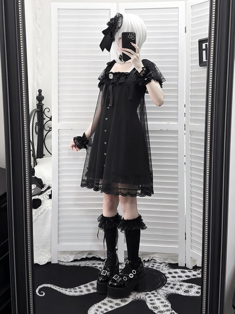 Gothic Square Neck Dress with Bow Accents - Ekomi | CoyBunny