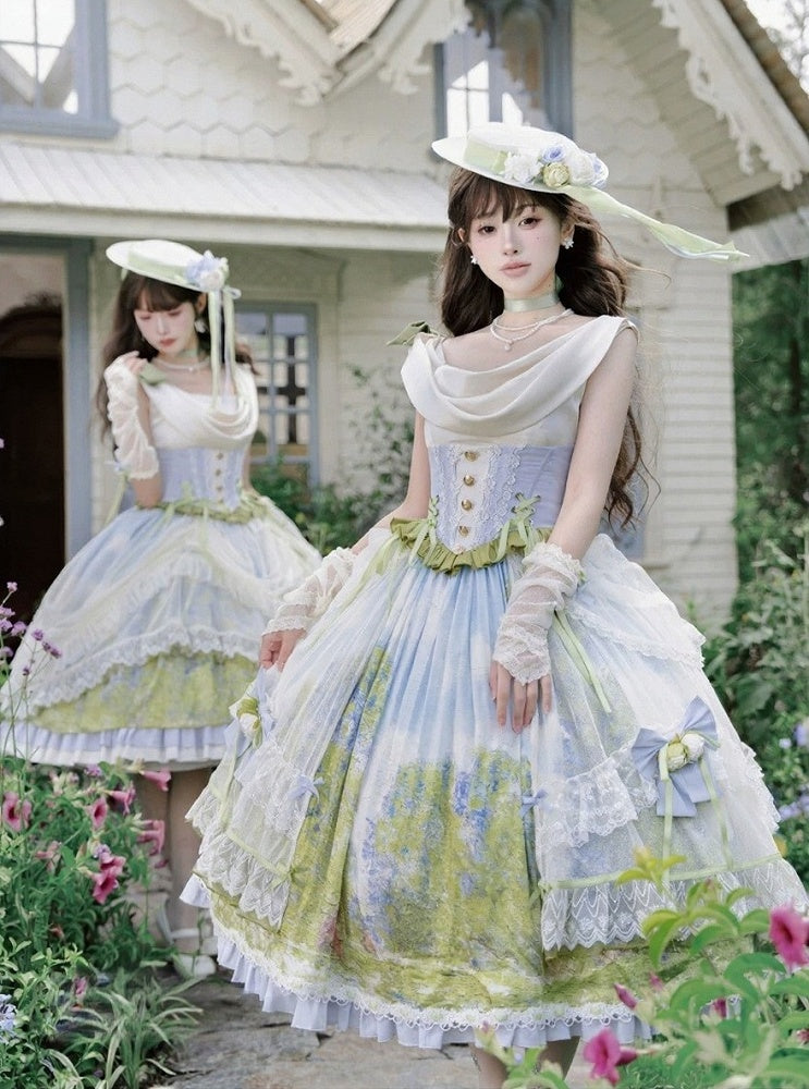 Art Print Skirt Classic Lolita Cowl Neck JSK Dress with Removable Overlay - Moonlight Dream | CoyBunny