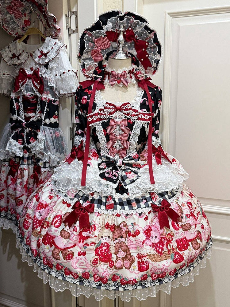 Black Bell Sleeves Sweet Lolita OP Dress with Strawberry Desserts Print - Miss Han | CoyBunny