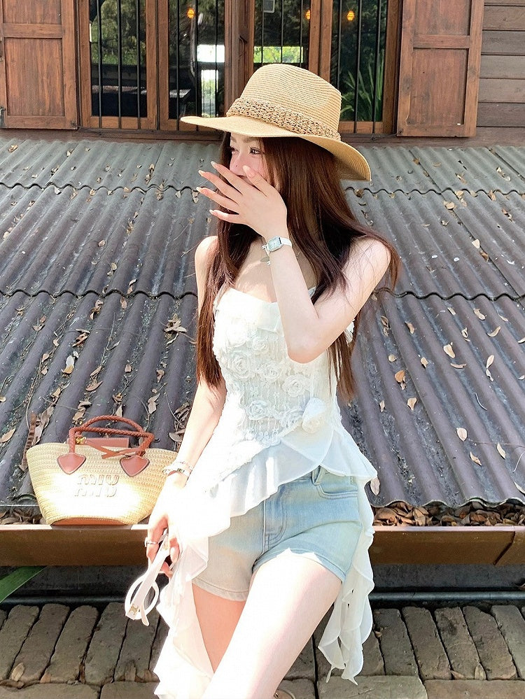 White Holiday Asymmetrical Ruffle Hem Top - Qchiwawameme | CoyBunny