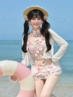 Sweet Strawberry Themed Light Pink Gingham Two-Piece Swimsuit Set Halter Top and Skirted Swim Brief - To Alice | CoyBunny