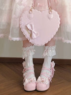 Sweet Lolita Pink Middle Heel Platform Shoes with Lace - Sheep Puff | CoyBunny