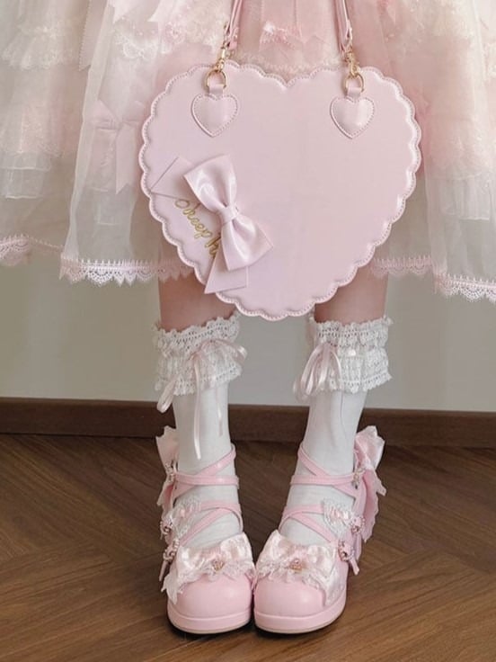 Sweet Lolita Pink Middle Heel Platform Shoes with Lace - Sheep Puff | CoyBunny
