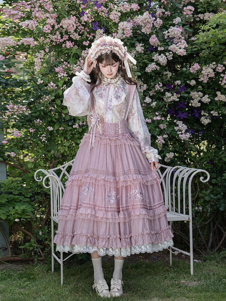 Sweet Purple Lolita JSK with Floral Embroidery & Ruffle Lace Trim - Luo Xiu Dong Xiang | CoyBunny