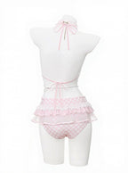 Sweet Strawberry Themed Light Pink Gingham Two-Piece Swimsuit Set Halter Top and Skirted Swim Brief - To Alice | CoyBunny