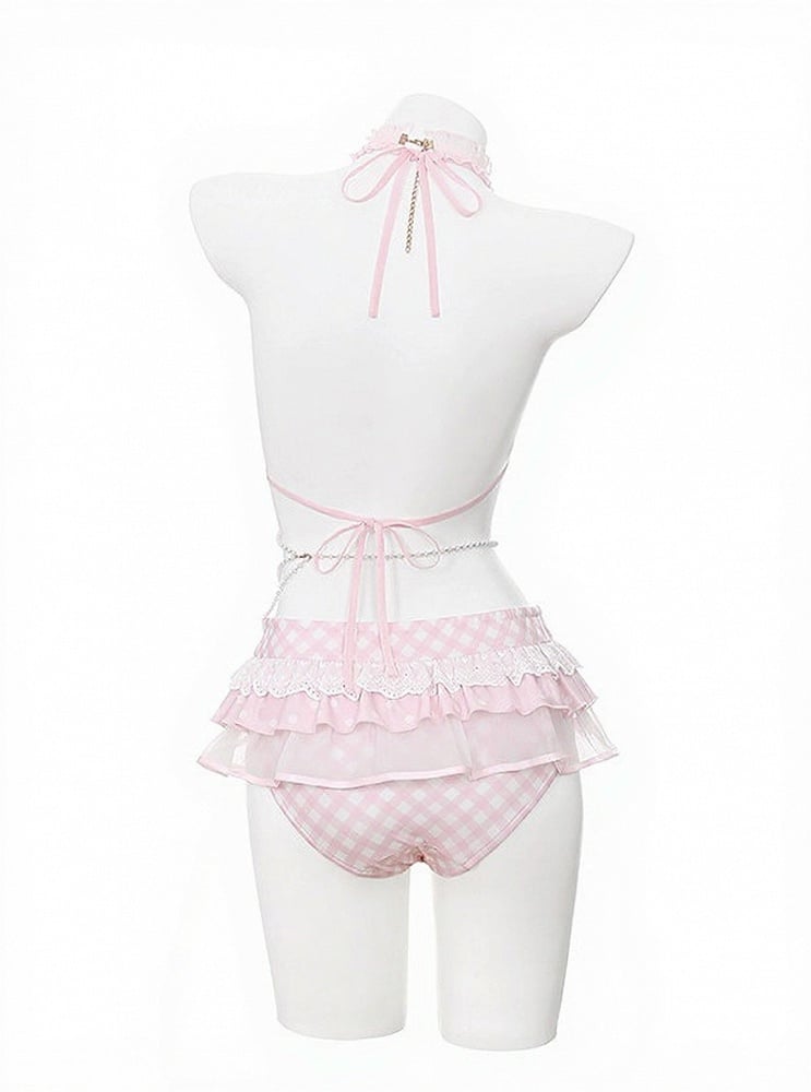 Sweet Strawberry Themed Light Pink Gingham Two-Piece Swimsuit Set Halter Top and Skirted Swim Brief - To Alice | CoyBunny