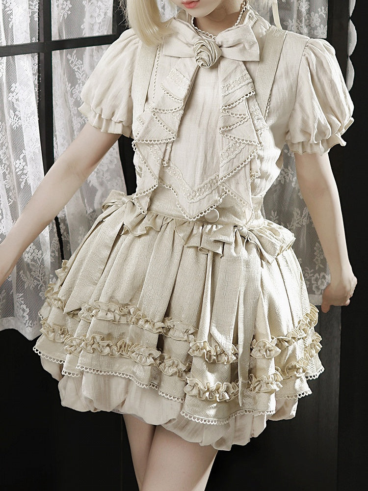 Bow and Ruffle Detail Bubble Skirt with Cross Straps in Beige - Unknown Star | CoyBunny