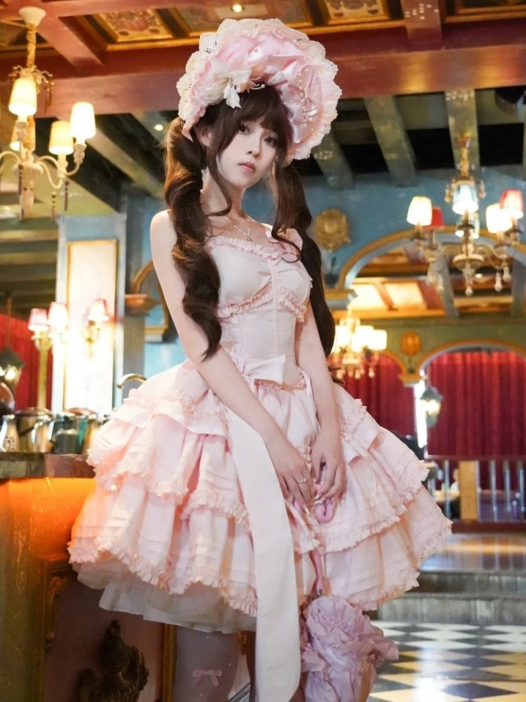 Light Pink Layered Ruffle Boned Lolita JSK Dress with Flower Accents | Meng Fu Zi | CoyBunny