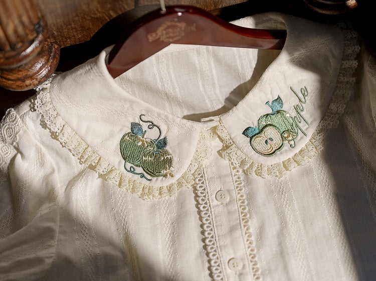 Green Apple Embroidery Collar Cream Short Sleeve Top - Dream Magic Box | CoyBunny
