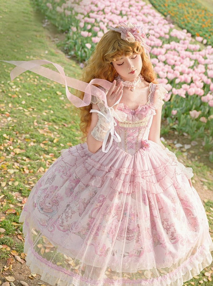 Pink Deer & Floral Print Flutter Sleeves Sweet Lolita JSK Dress with Overlay - Honey Machine | CoyBunny