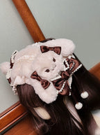 Brown Plush Bunny Sweet Lolita Hairband with Bows & Pom-Poms - Twin Bear Original Design | CoyBunny
