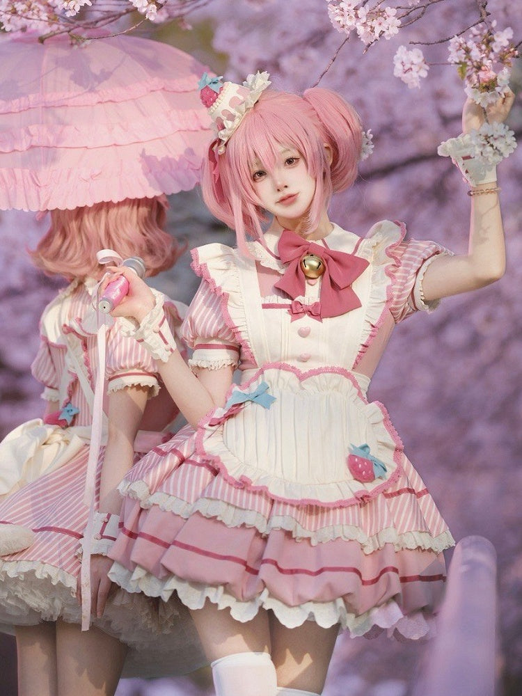 Strawberry Theme Sweet Lolita OP with Apron, Sakura Pink Striped Pattern - Sakurahime | CoyBunny