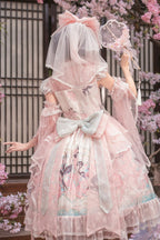 Pink Lace Qipao Collar Chinoiserie Lolita OP Dress with Swallow and Peach Blossom Print - Dream Magic Box | CoyBunny