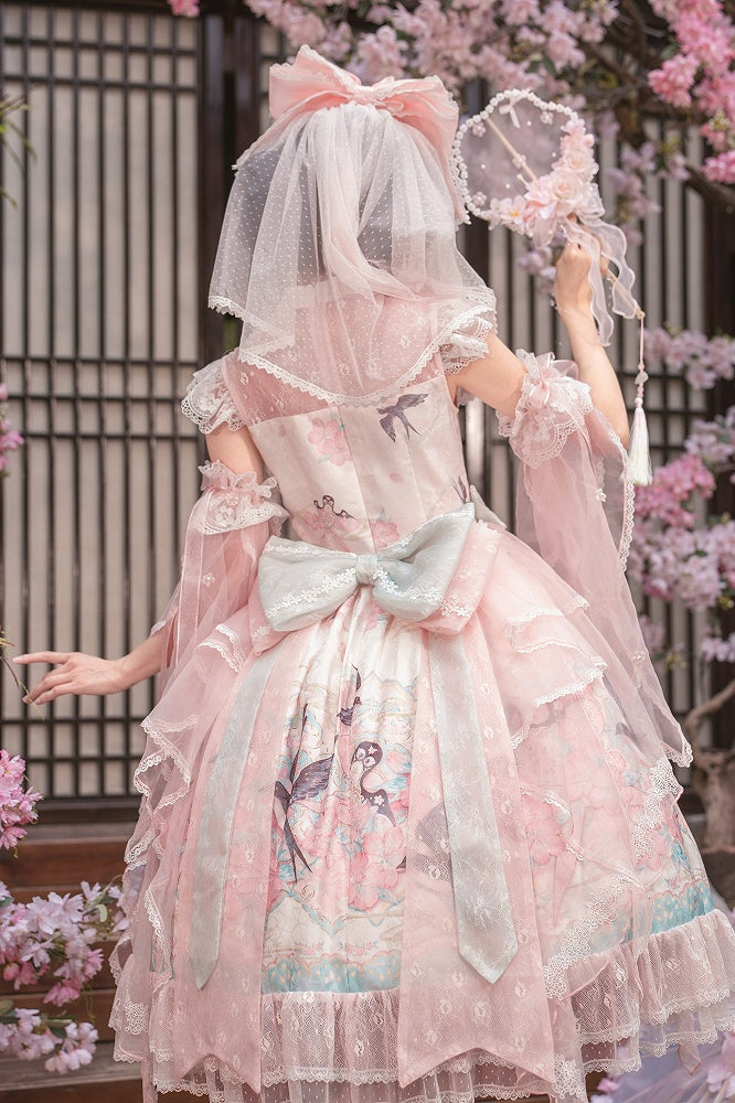 Pink Lace Qipao Collar Chinoiserie Lolita OP Dress with Swallow and Peach Blossom Print - Dream Magic Box | CoyBunny
