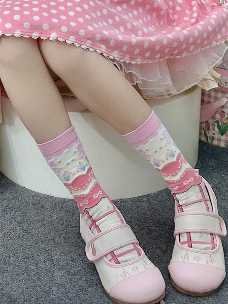 Sweet Lolita Striped Calf Socks with Bow Print | CoyBunny