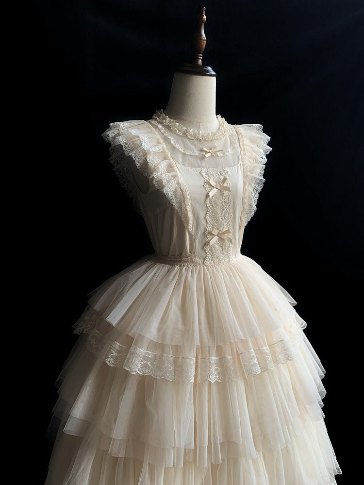 Beige Flutter Sleeve Ruffle Round Neck Tulle Tiered Skirt Lolita OP - With PUJI | CoyBunny