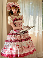 Pink Cherry Cake Print Sweet Lolita Dress with Layered Ruffles - Strawberry Fantasy | CoyBunny