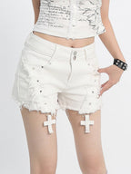 Sweet Kawaii White Distressed Shorts with Rivet and Cross Decor - Catwish | CoyBunny