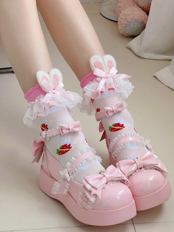 Sweet Lolita Strawberry-Print Socks with Bunny Ears and Lace Trim | CoyBunny