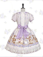 Cute Bear Print OP Dress with Purple Floral Embroidery, Doll Collar & Puff Sleeves - Stars Fall on the Foggy Island | CoyBunny