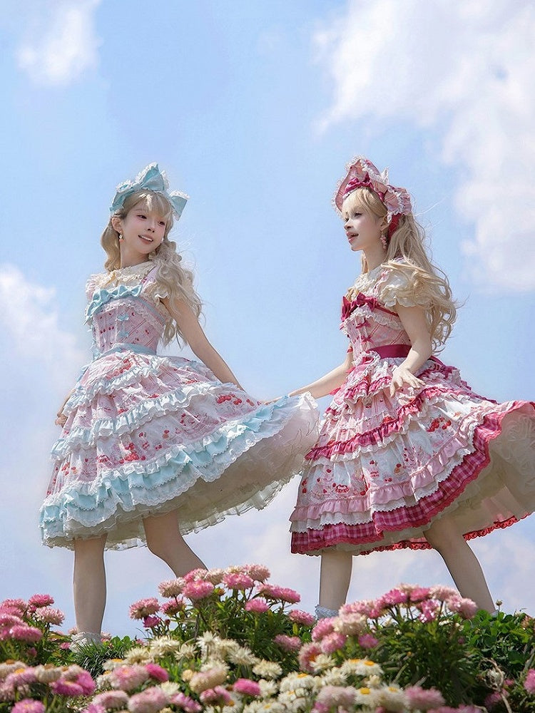 Blue Cherry Cake Print Sweet Lolita Dress with Bow Details - Strawberry Fantasy | CoyBunny