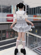 Light Dusty Blue Double-Layer Overall Skirt with Lace Trim - Puppet Bombs | CoyBunny
