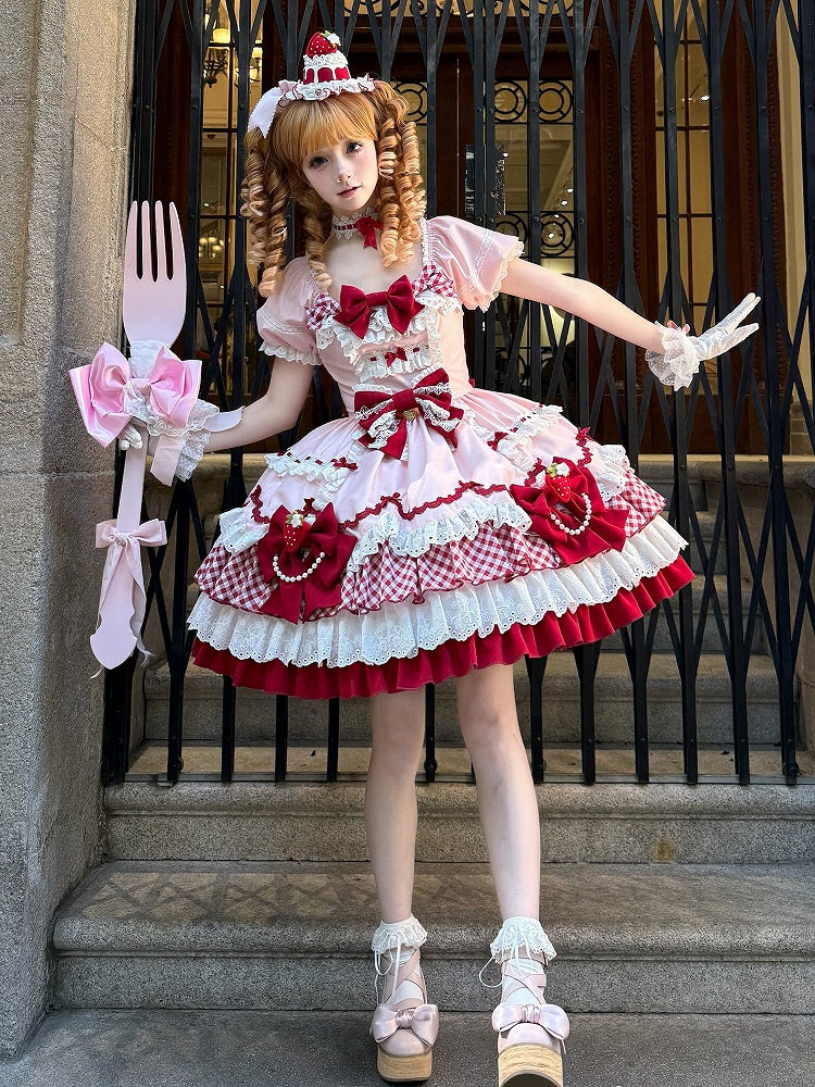 Sweet Lolita Strawberry Bowknot Tiered Dress in Pink and Red - Sakurahime | CoyBunny