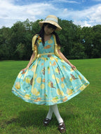 Blue Sweet Lolita Floral Print Jumper Dress with Cat Motif - Cutey Mask | CoyBunny