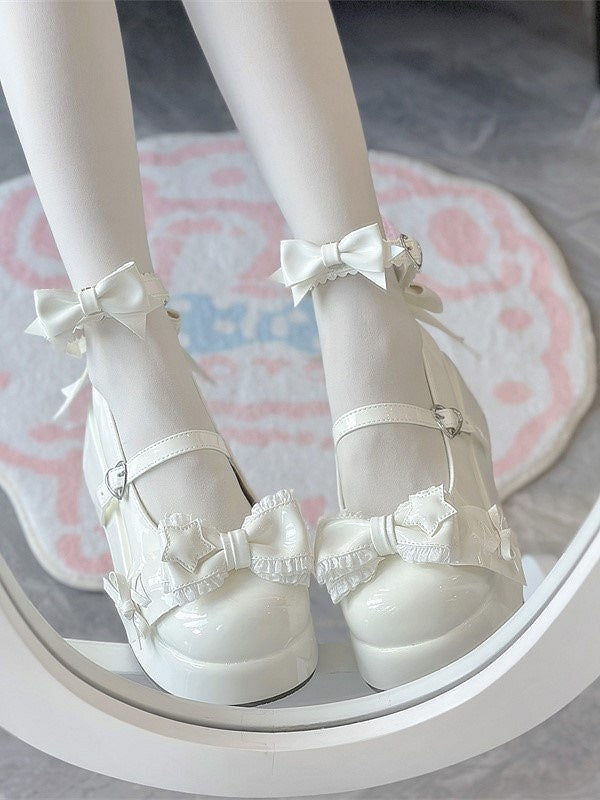 White Sweet Lolita Platform Shoes with Bow Accents | Jiang Jiang Little Cookies | CoyBunny