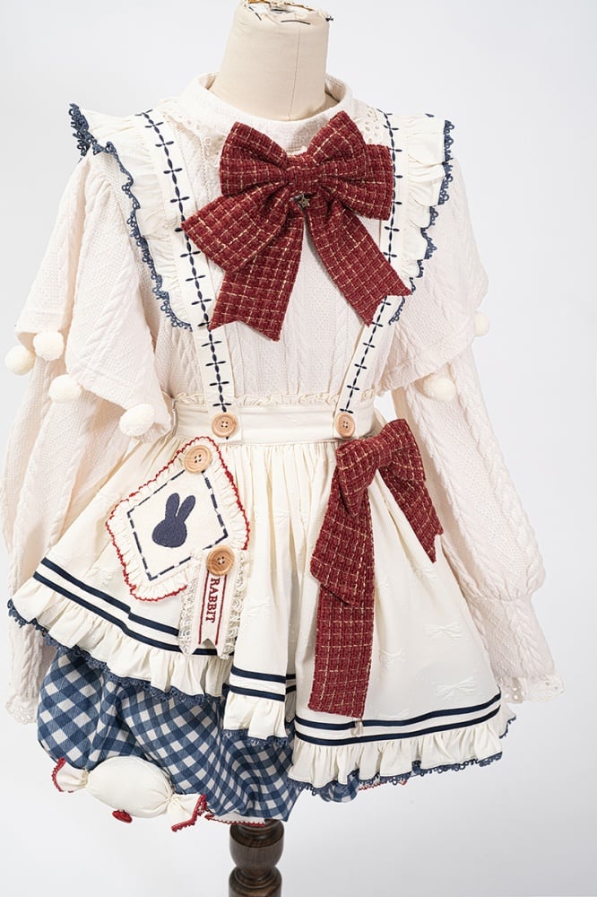 White Long-Sleeve Knitted Top Apron Blue Plaid Print Bloomer Shorts Sweet Lolita Full Set | CoyBunny