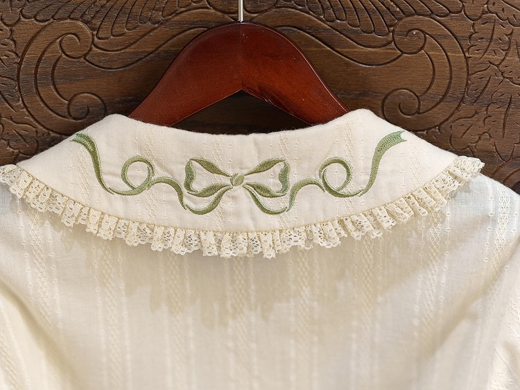 Green Apple Embroidery Collar Cream Short Sleeve Top - Dream Magic Box | CoyBunny
