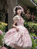 Pink Deer & Floral Print Flutter Sleeves Sweet Lolita JSK Dress with Overlay - Honey Machine | CoyBunny