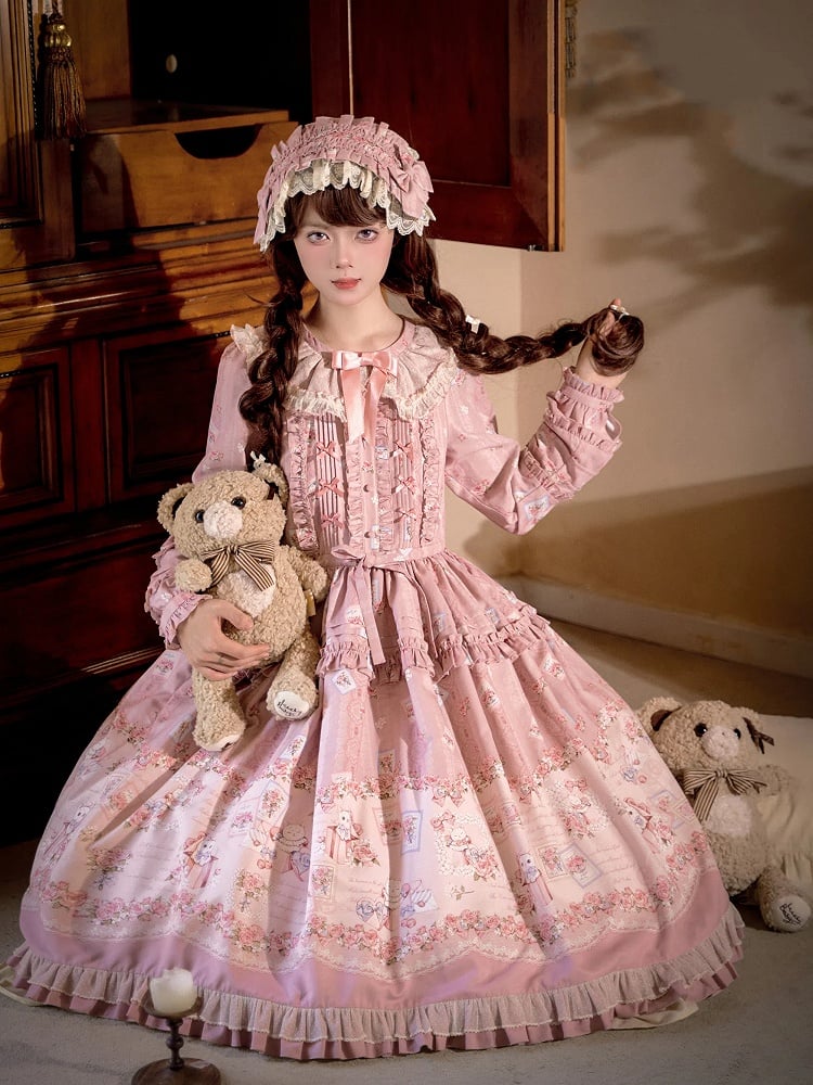 Pink Floral and Kitty Spring Long-Sleeve Pink House Style Sweet Lolita Dress | CoyBunny