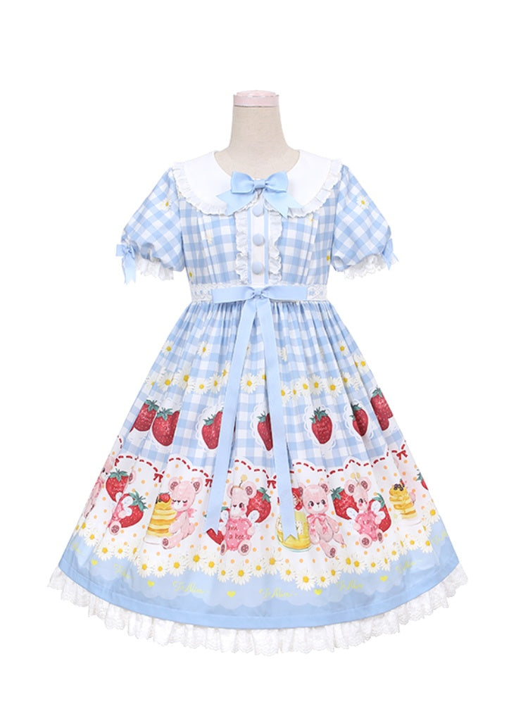 Light Blue and Wine Red Plaid Strawberry and Bear Print Cottagecore Country Dress Sweet Lolita OP | CoyBunny