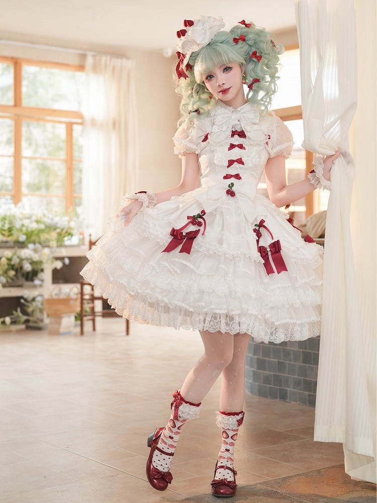 White Strawberry Princess Layered Ruffle Dress Sweet Lolita Jumper Skirt with Detachable Puff | CoyBunny