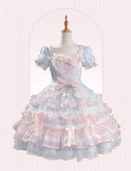 Short Sweet Lolita Princess and Details Bows Pink Blue Striped Dress Bead Sleeves - Mademoiselle | CoyBunny