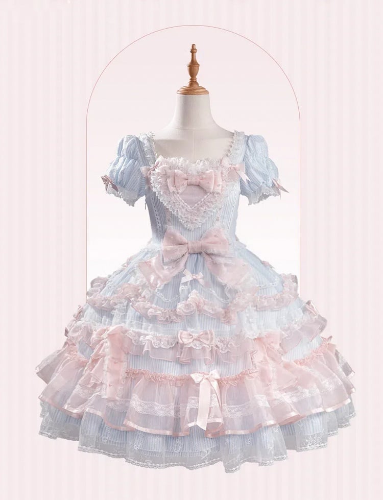 Short Sweet Lolita Princess and Details Bows Pink Blue Striped Dress Bead Sleeves - Mademoiselle | CoyBunny