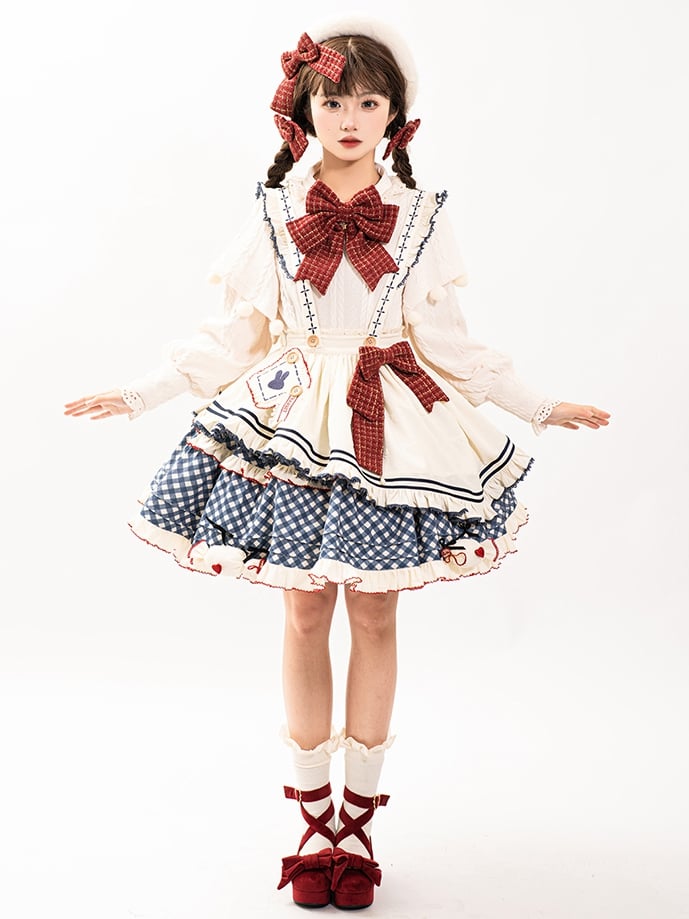 White Long-Sleeve Knitted Top Apron Blue Plaid Print Skirt Sweet Lolita Full Set | CoyBunny