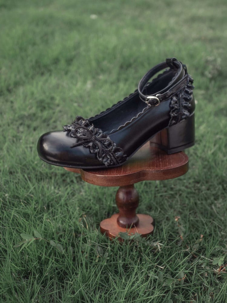 Mary Jane Round Toe Lolita Shoes with Bow and Ruffle in Black - EvilStar | CoyBunny