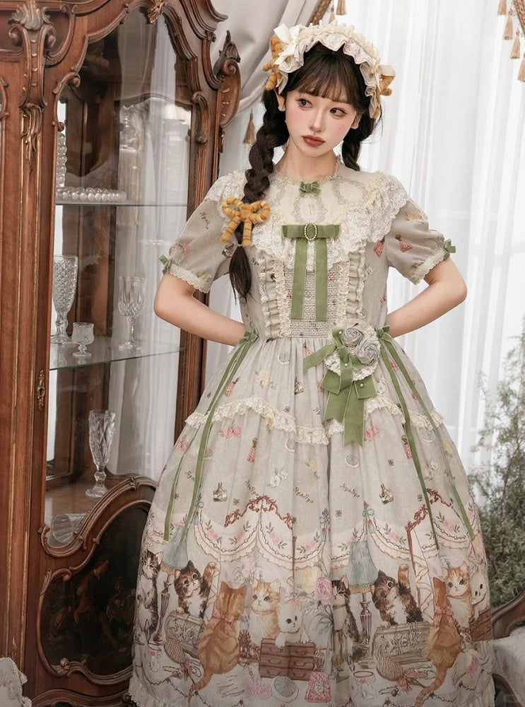 Green Cat Print Round Neck Sweet Lolita Dress with Lace Trim - NyaNya | CoyBunny