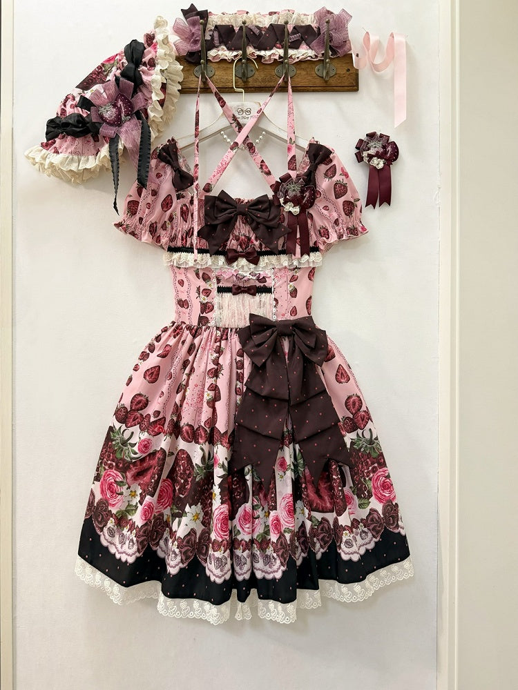 Pink Square Neck Puff Sleeve Strawberry Lolita OP | CoyBunny
