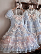 Short Sweet Lolita Princess and Details Bows Pink Blue Striped Dress Bead Sleeves - Mademoiselle | CoyBunny