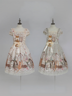 Beige Cat Print Square Neckline Sweet Lolita JSK Dress with Plush Cat Patch - NyaNya | CoyBunny