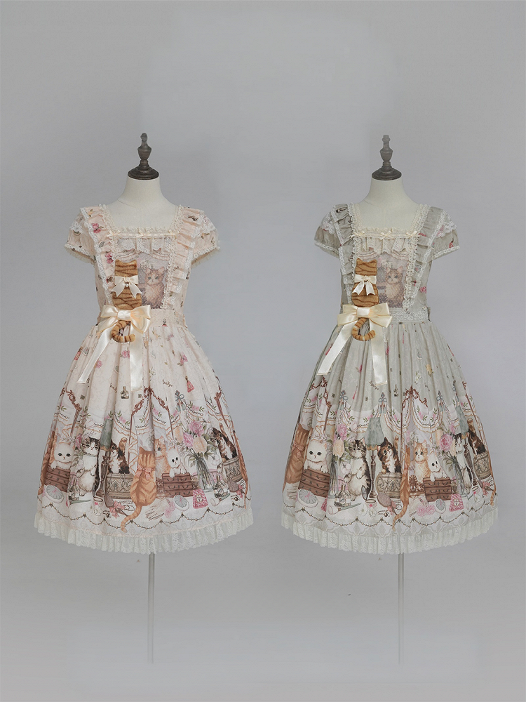 Green Cat Print Square Neckline Sweet Lolita JSK Dress with Plush Cat Patch - NyaNya | CoyBunny