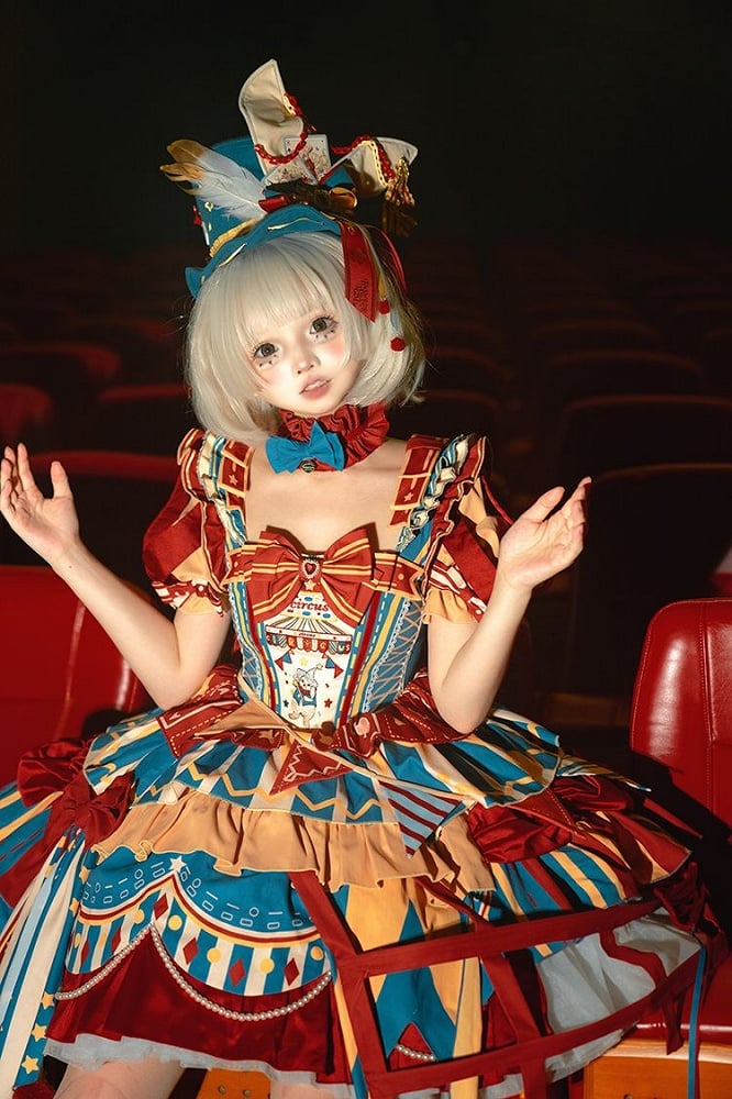 Red and blue bunny circus Sweet Lolita JSK dress ¨C lace trim detail